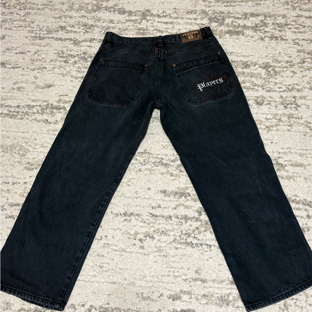 Players 69 Y2K Embroidered Black Jeans Men’s Streetwear Biker Hip Hop Denim